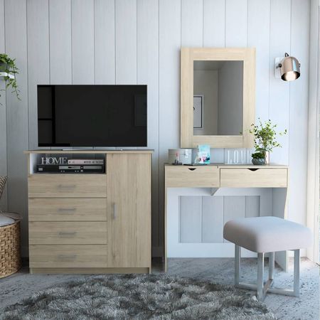 Mueble De Tocador + Espejo + Comoda 4C/1P- Rovere / Blanco