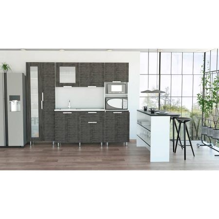 Combo 9 Fendi Muebles + Alacena + Microondas + Barra Auxiliar - Roble Gris/Wengue/Blanco