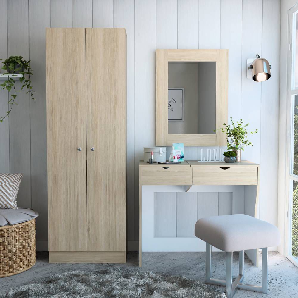 Mueble De Tocador + Espejo + Closet 2P - Rovere / Blanco