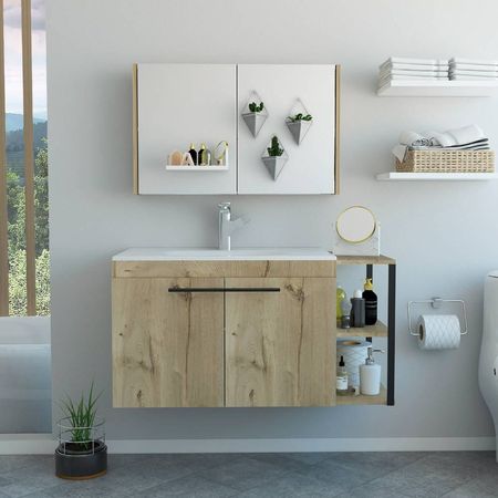 Botiquin + Mueble Lavamanos Flotante Khari 80 - Duna / Blanco