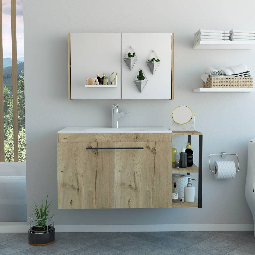 Botiquin + Mueble Lavamanos Flotante Khari 80 - Duna / Blanco