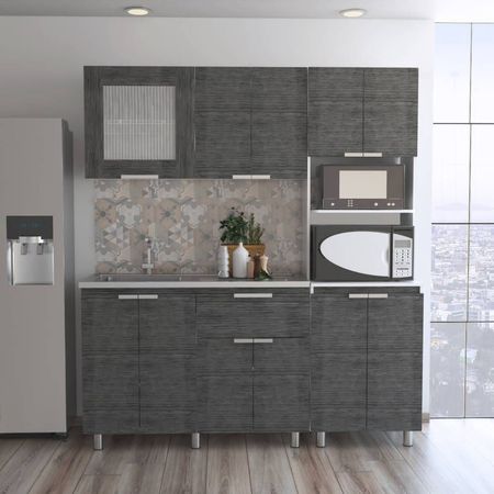 Combo 4 Fendi Muebles Inferior + Superior + Microondas - Roble Gris / Blanco