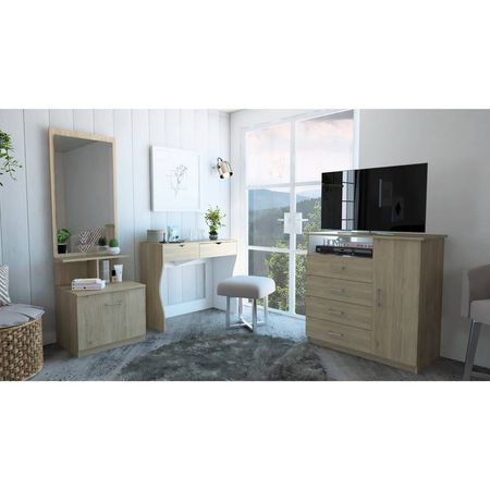 Mueble De Tocador + Velador C.Espejo + Comoda 4C/1P- Rovere / Blanco