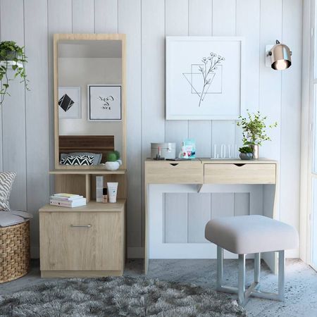 Mueble De Tocador + Velador C.Espejo - Rovere / Blanco