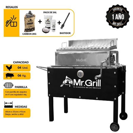 Caja China Mediana Premium Jr  Black Acero Mixta Con Termometro + Parrilla Con Regulador + Kit Sal Maras + Carbon + Bastizador