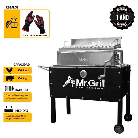 Caja China Mediana Premium Jr Black Acero Inox Con Termometro + Parrilla Con Regulador + Guantes Parrilleros De Alta Temperatura