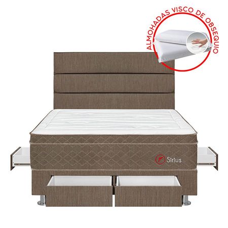 Dormitorio 4 Cajones Marrón Sirius Queen + 2 Almohadas + 1 Protector