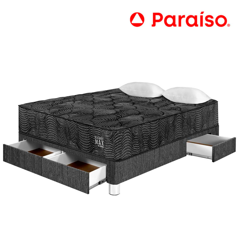 Cama PARAISO Pocket Max Black C/Caj 2 Plazas + 2 Almohadas + Protector