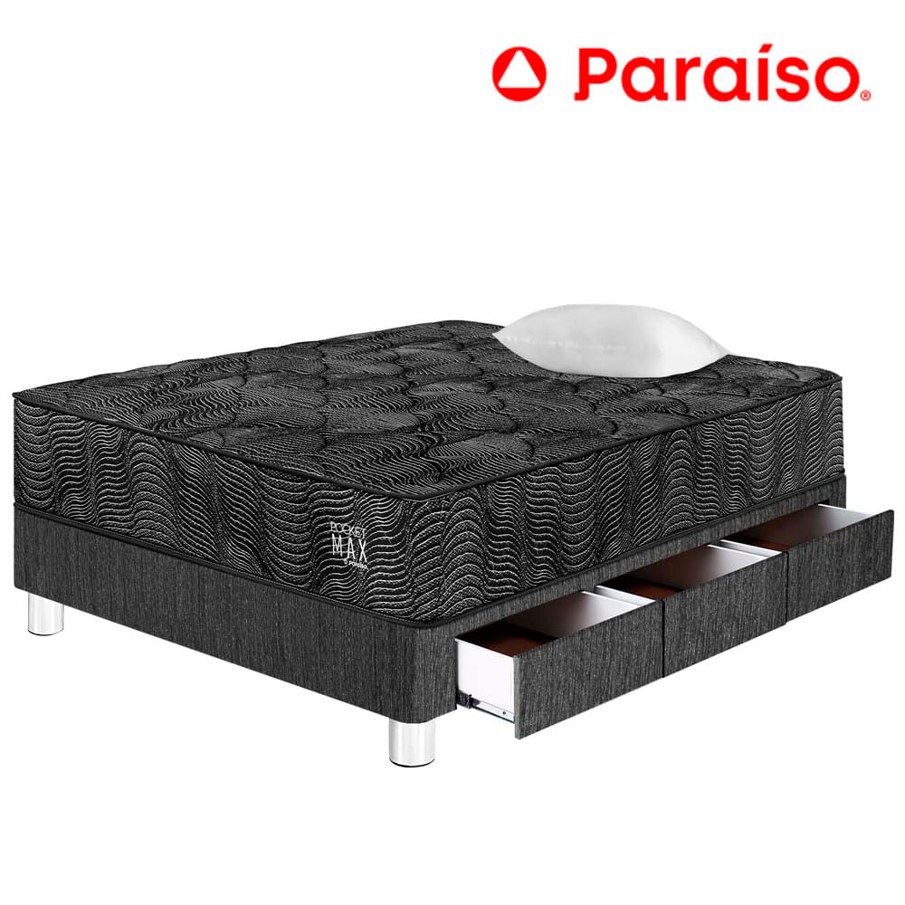 Cama PARAISO Pocket Max Black C/Caj 1.5 Plazas + 1 Almohada + Protector