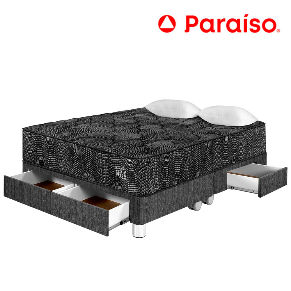 Cama PARAISO Pocket Max Black C/Ca Queen + 2 Almohadas + Protector