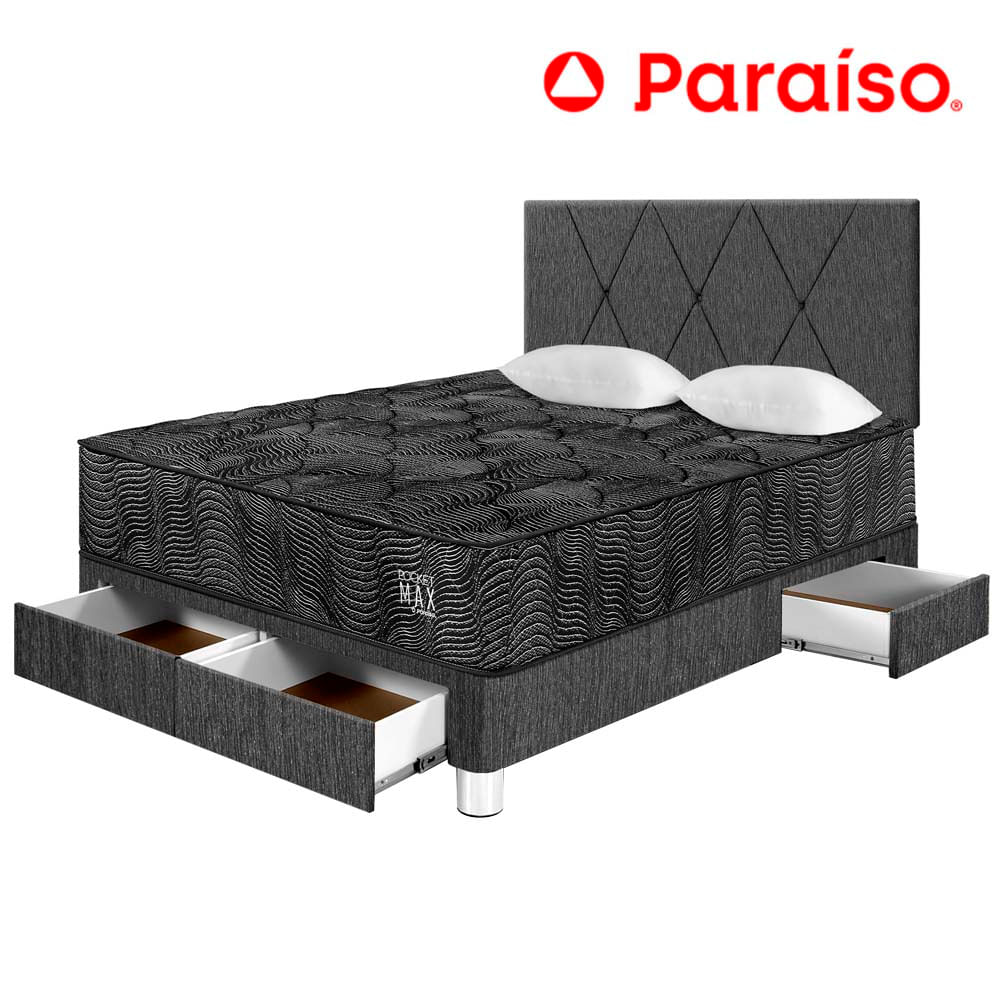 Juego de Dormitorio PARAISO Pocket Max Black C/Caj 2 Plazas + 2 Almohadas + Protector