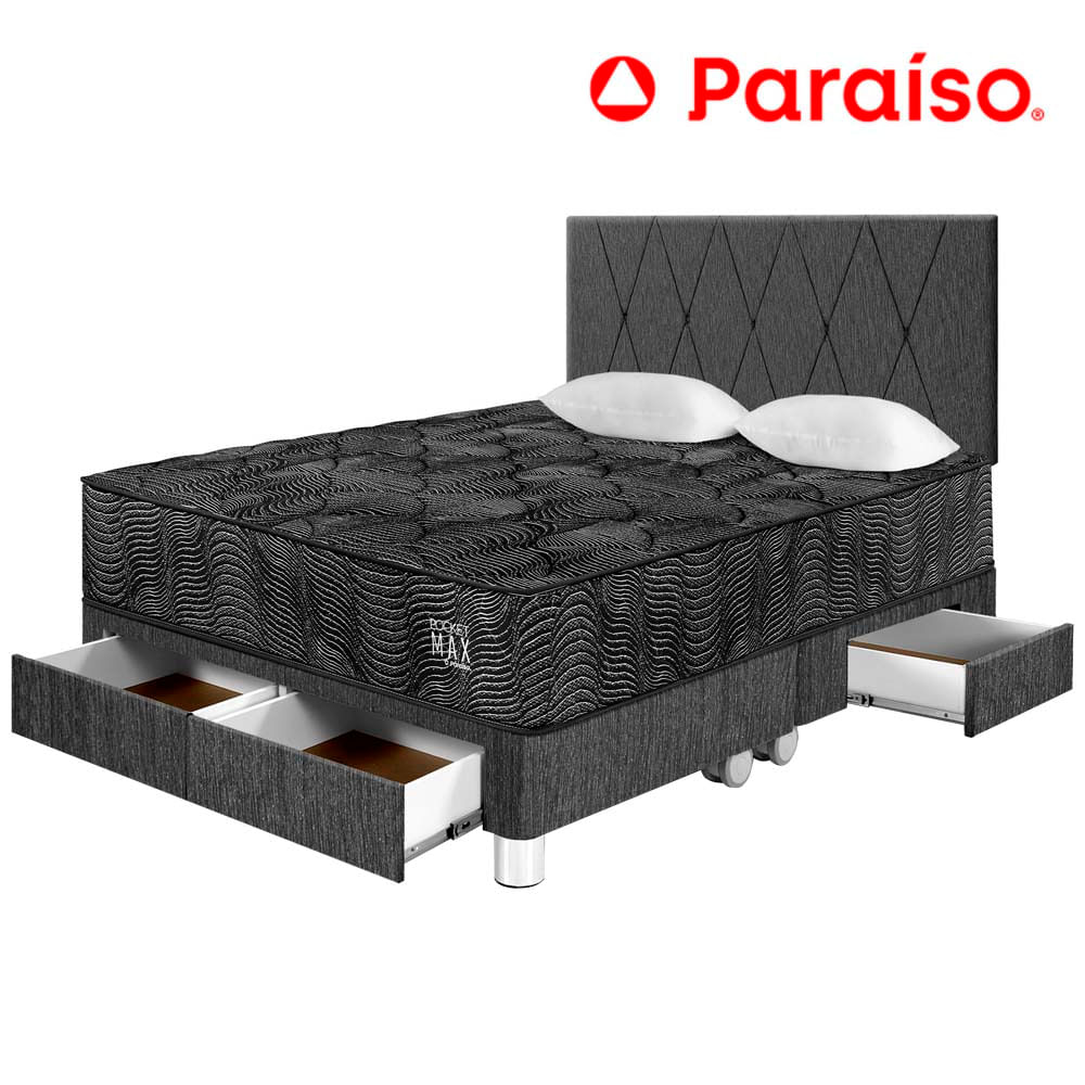 Juego de Dormitorio PARAISO Pocket Max Black C/Caj King + 2 Almohadas + Protector