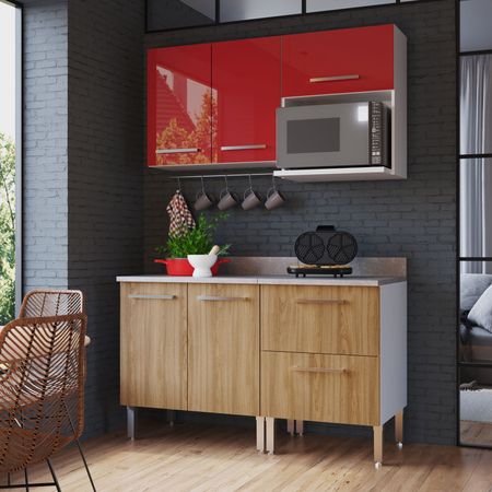 Mueble de Cocina Modular Orange para Microondas con Cajonera 140cm Rojo/Nogueira