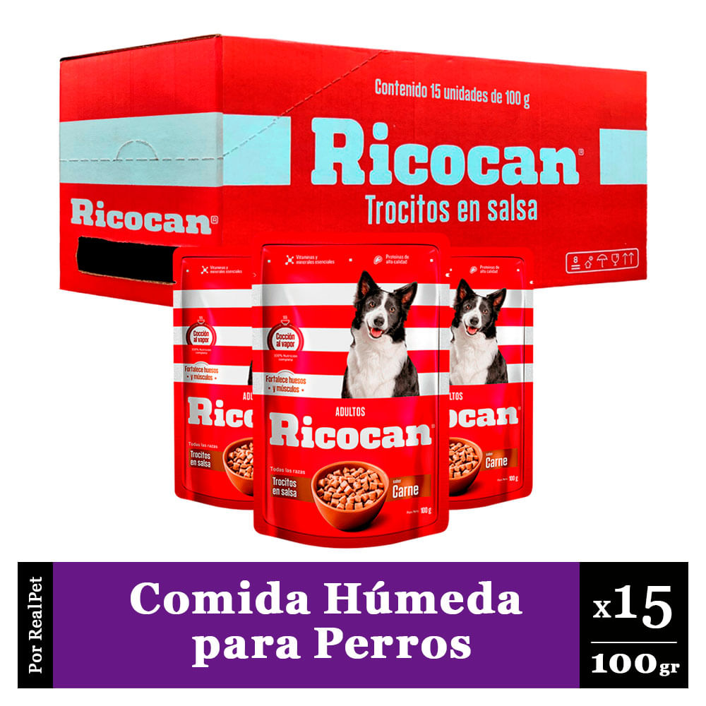 Pack Caja x15 Comida Húmeda Perro Ricocan Carne 100gr