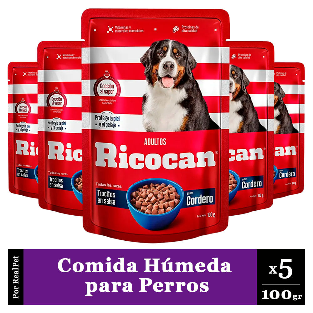 Pack x5 Comida Húmeda Perro Ricocan Trocitos Cordero 100gr