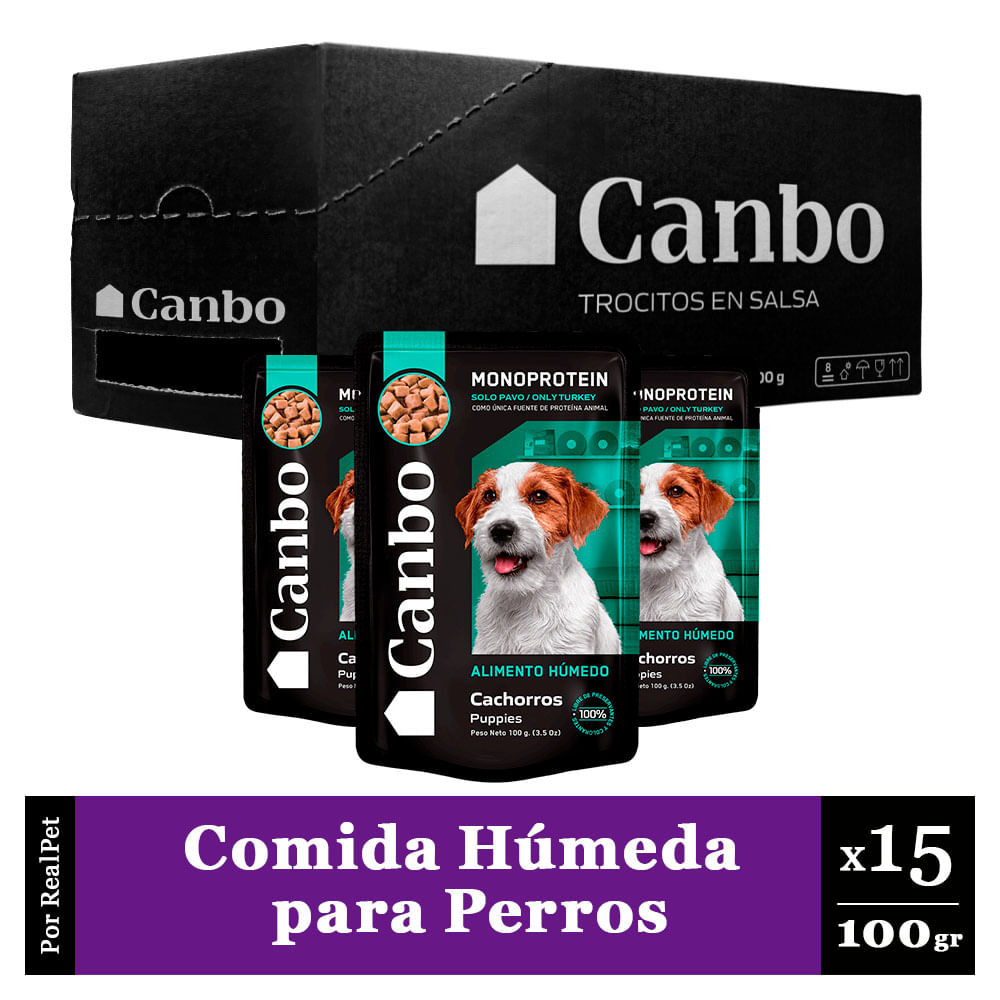 Pack Caja x15 Comida Húmeda Perro Cachorro Canbo Pavo 100gr