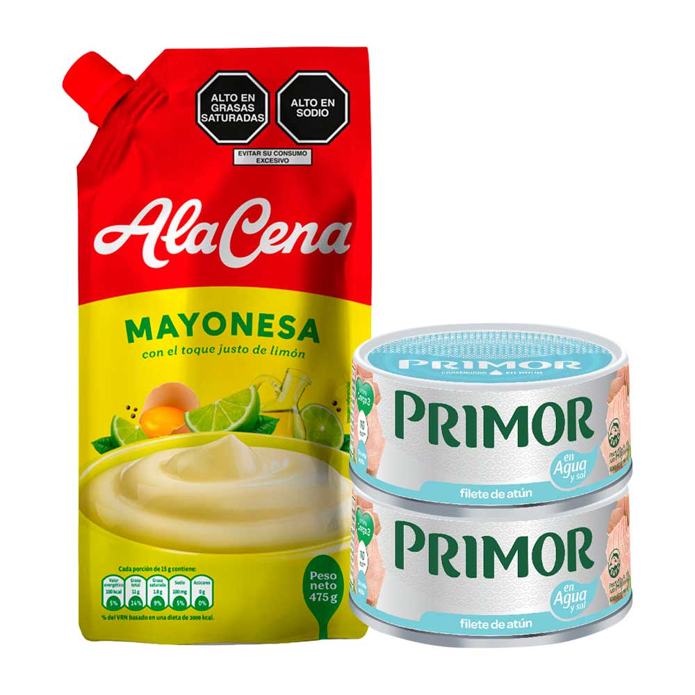 Pack Mayonesa ALACENA Doypack 475g + Filete de Atún PRIMOR con Agua y Sal Lata 140g x2un