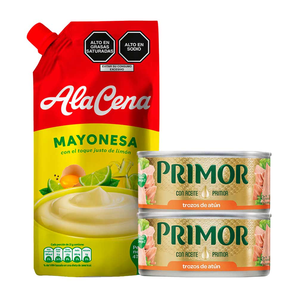 Pack Mayonesa ALACENA Doypack 475g + Trozos de Atún PRIMOR en Aceite Vegetal Lata 140g x2un