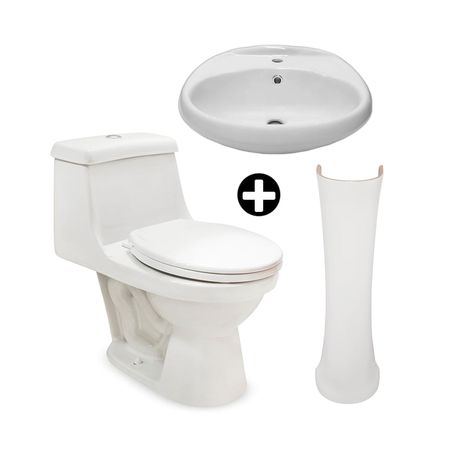 COMBO Inodoro One Piece Buzios con asiento Vallarta + Pedestal Vallarta + Lavatorio Cancún Blanco