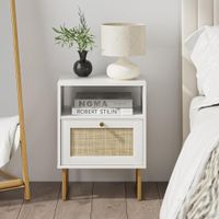 Mesita de Noche con Malla en Ratán Leonard color Blanco 1 puerta TU MESITA