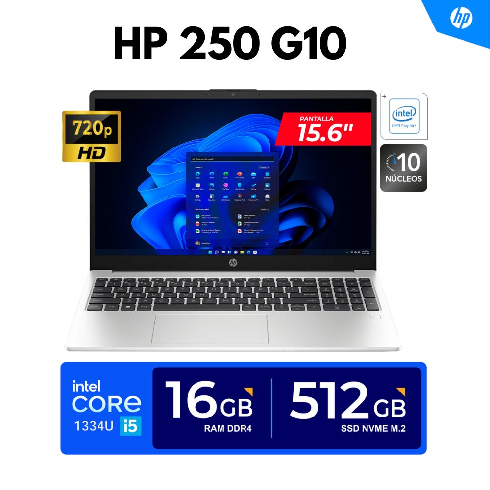 LAPTOP HP 250 G10  15.6"" HD LED Core i5-1334U  4.60GHz 10 Núcleos 16GB DDR4  512GB SSD  FREEDOS