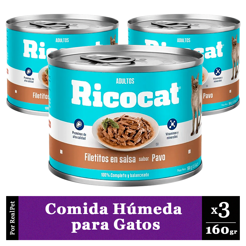 Pack x3 Comida Húmeda Gato Ricocat Filetitos Pavo 160gr