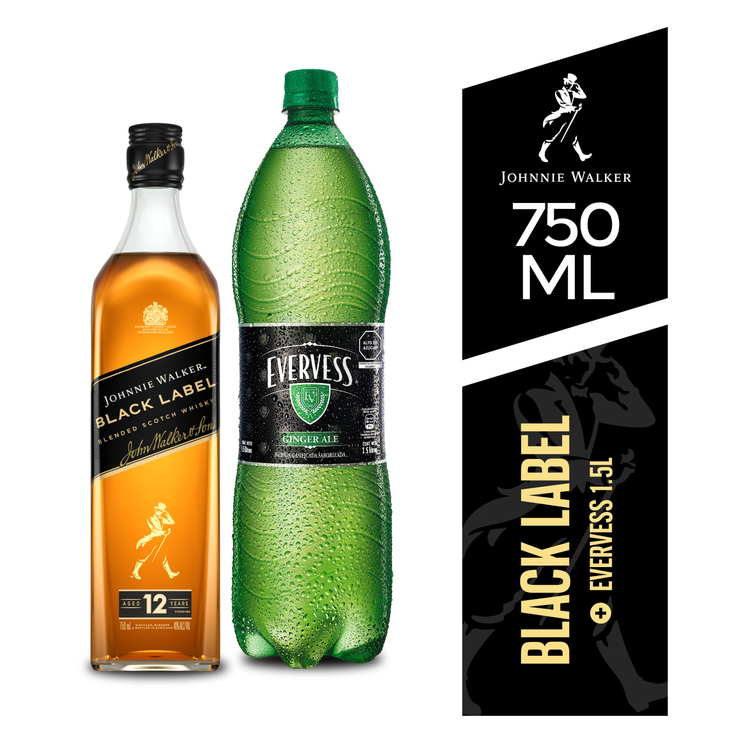 Pack Whisky JOHNNIE WALKER Black Label 750ml + Ginger Ale EVERVESS Botella 1.5L