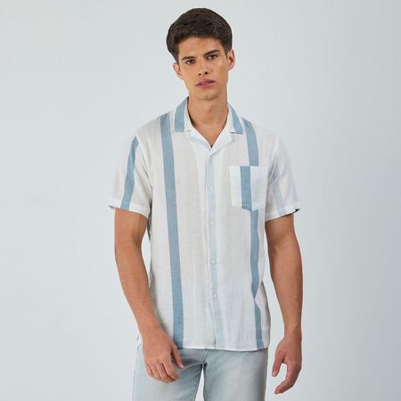 Camisa Hombre Lino Text Raya Manga Corta Amc  AZUL XL