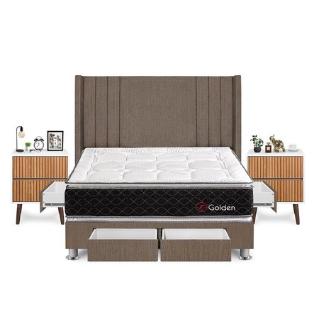 Dormitorio Golden Con 4 Cajones King + Velador Milan + Respaldo Marron