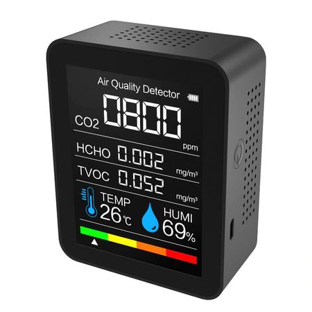 Medidor Calidad Aire LCD 5 en 1 Co2, Temp, Humedad, TVOC y HCHO