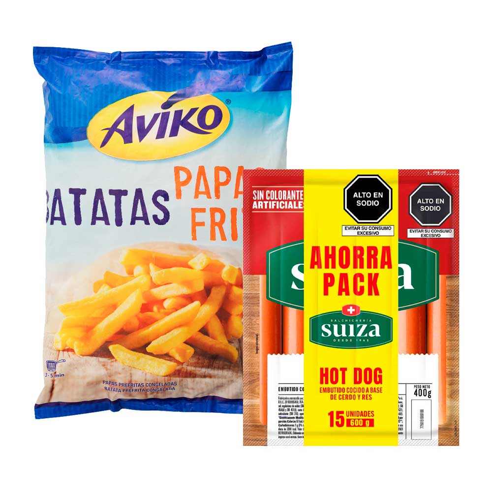 Pack Papa Prefrita Congelada AVIKO 1kg +Paquete Hot Dog S. SUIZA 600g