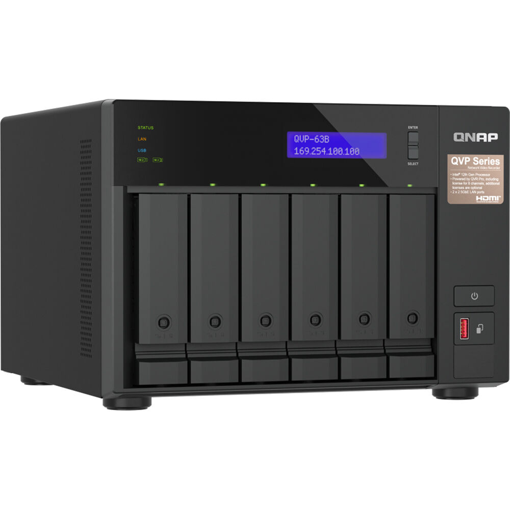 QNAP QVP-63B 6-Bay NVR NAS: Soporte para 6 Discos SATA, Intel i3, 16GB RAM, 8 Licencias de Cámara