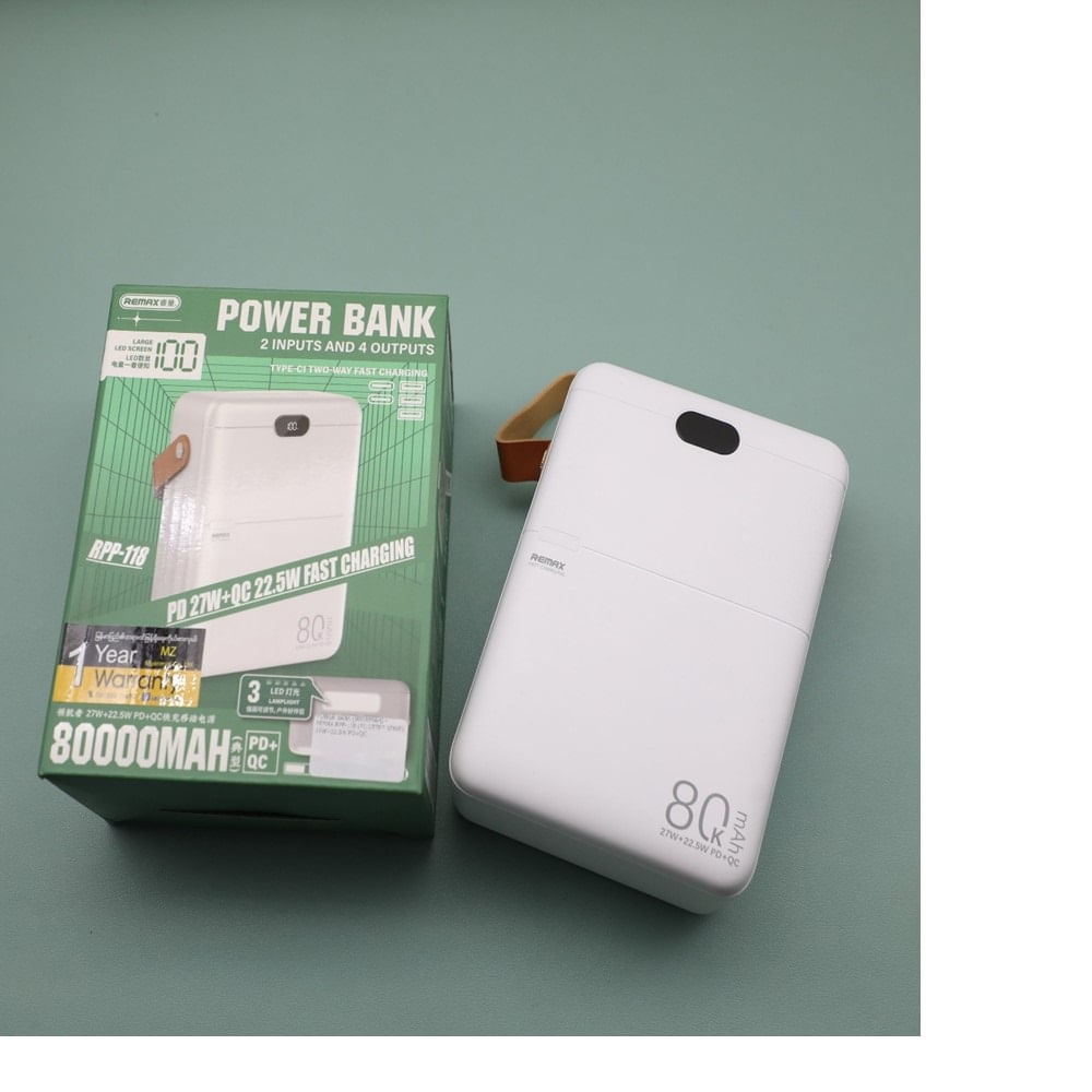Cargador portátil Remax modelo rpp 118 80000mah pd27w qc 22.5w blanco
