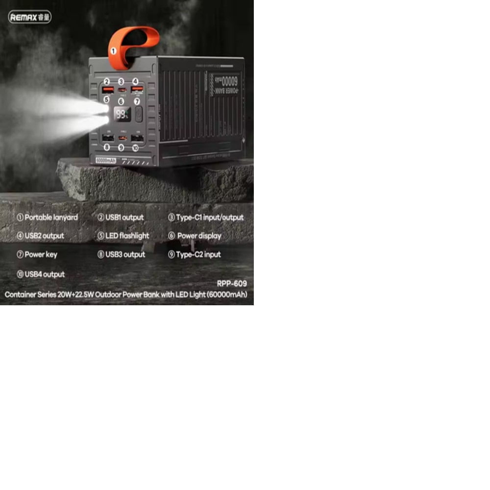 Cargador portátil Remax modelo  rpp 609 con luz led 60000 mah 20w 22.5w  gris