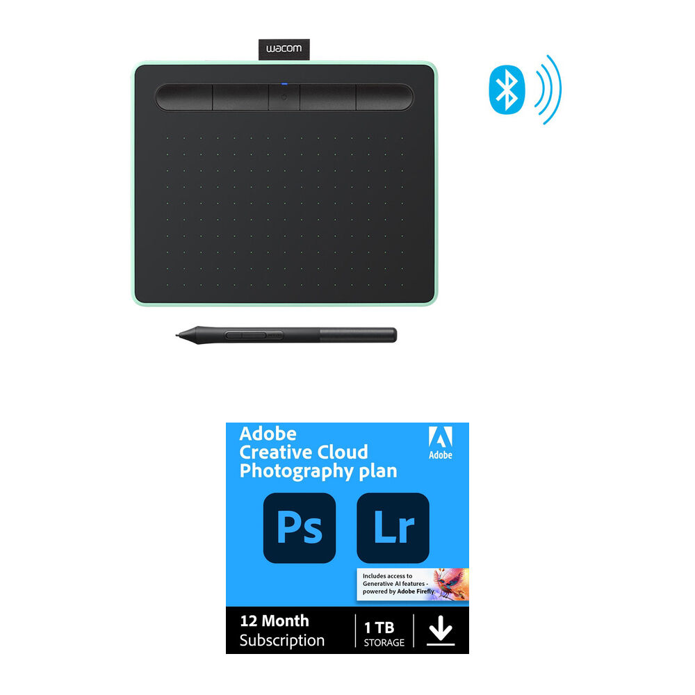Wacom Intuos Bluetooth Tablet Creativa con Lápiz & Kit de Suscripción a Adobe Creative Cloud Fotogra