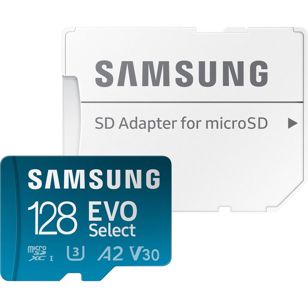 Tarjeta microSDXC Samsung 128GB EVO Select con Adaptador SD - UHS-I / A2 / V30 / U3 / Clase 10, Velo