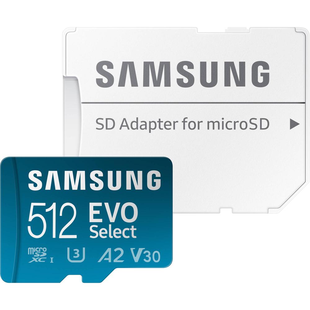 Tarjeta microSDXC Samsung 512GB EVO Select con Adaptador SD - UHS-I, A2, V30, U3, Clase 10, Velocida