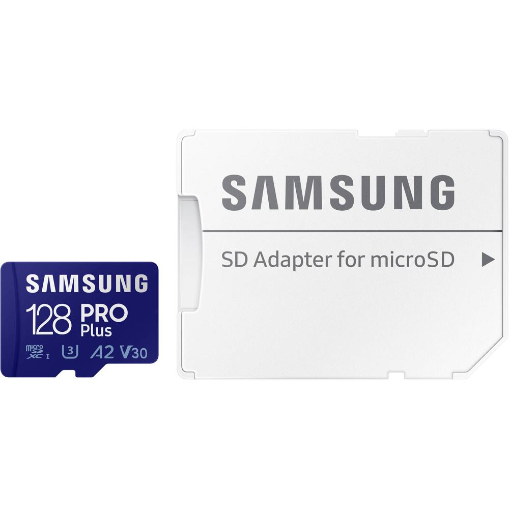 Tarjeta de Memoria Samsung 128GB PRO Plus microSDXC con Adaptador SD - UHS-I / V30 / U3 / A2 / Clase