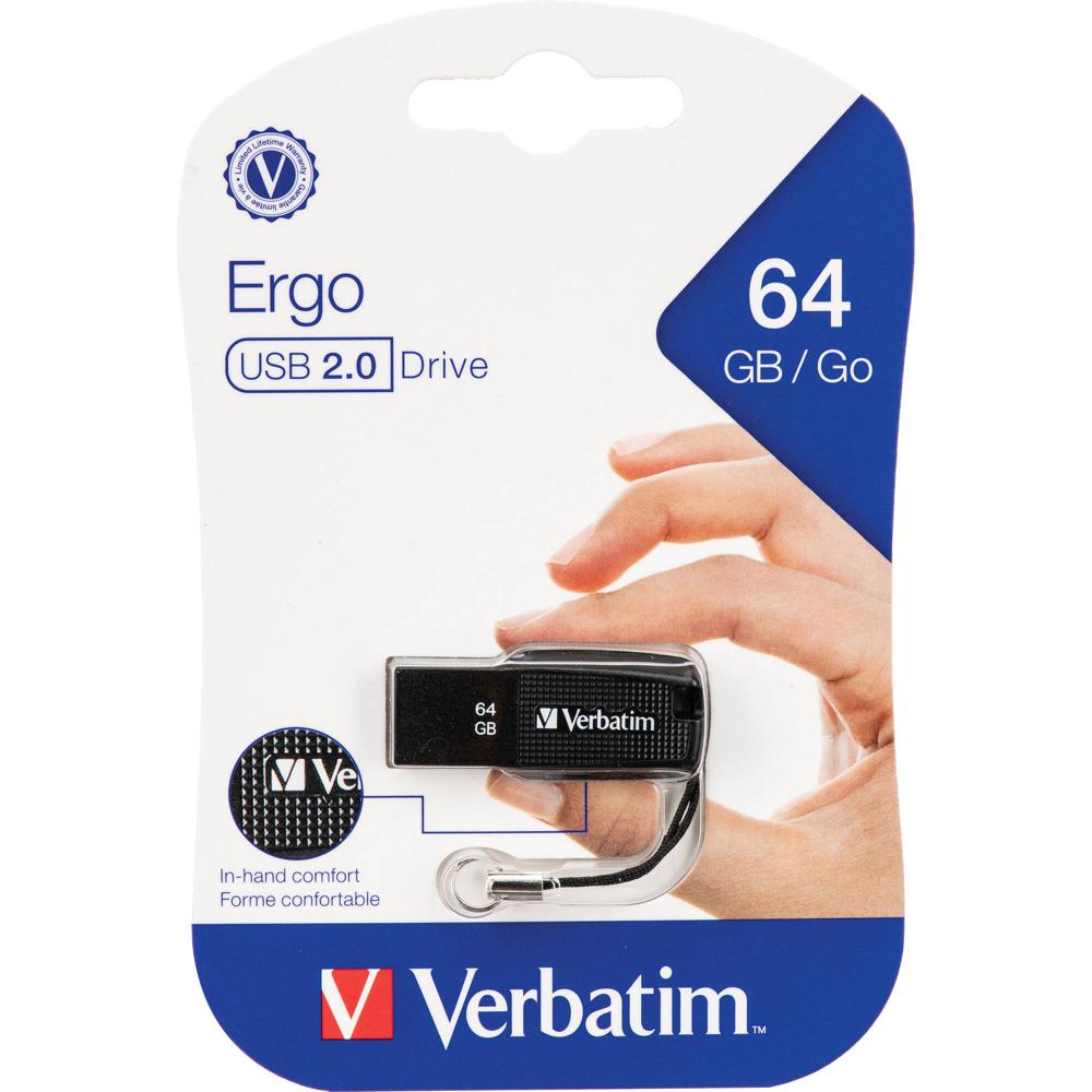 Verbatim 64GB Ergo USB 2.0 Flash Drive (Negro) - Capacidad de Almacenamiento de 64GB, Interfaz USB 2
