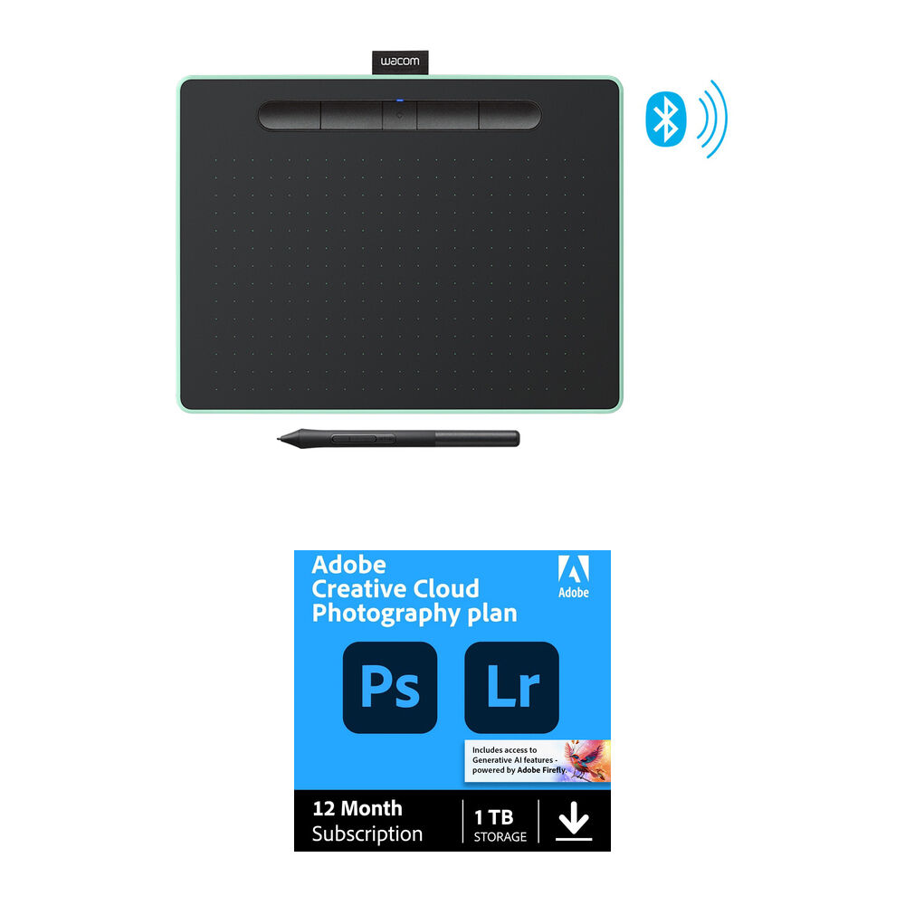 Wacom Intuos Bluetooth Tablet Creativa con Plan de Fotografía de Adobe Creative Cloud (Mediana, Verd