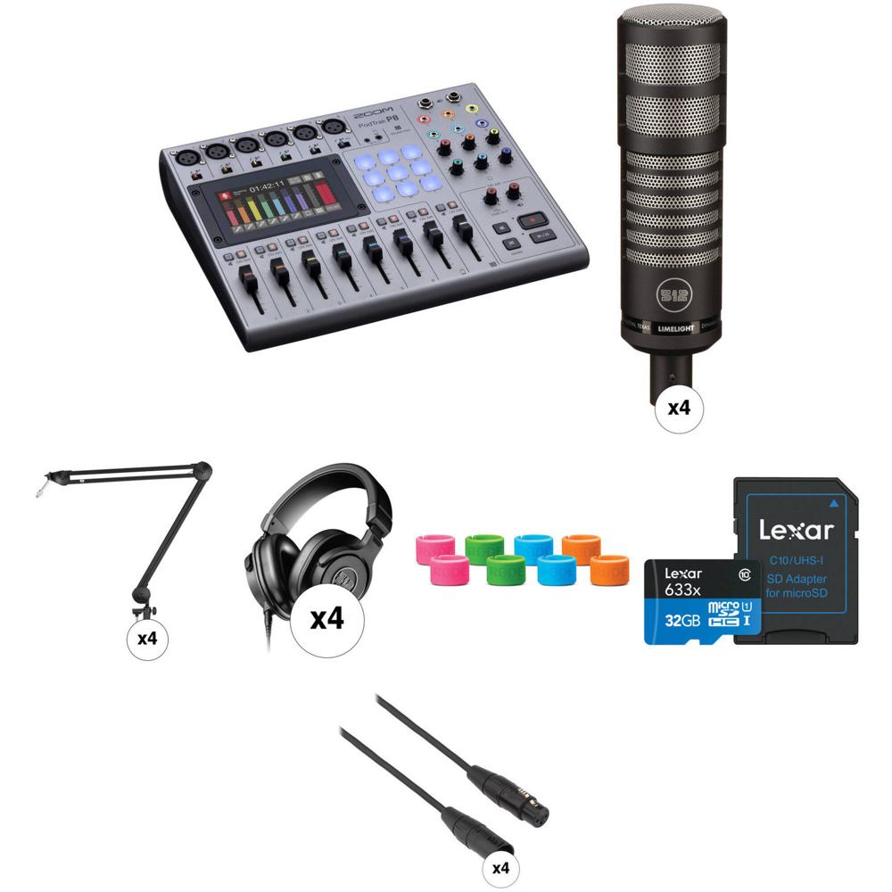 Kit de Valor para Podcast Zoom PodTrak P8 para Cuatro Personas con Micrófonos Limelight, Brazos de S