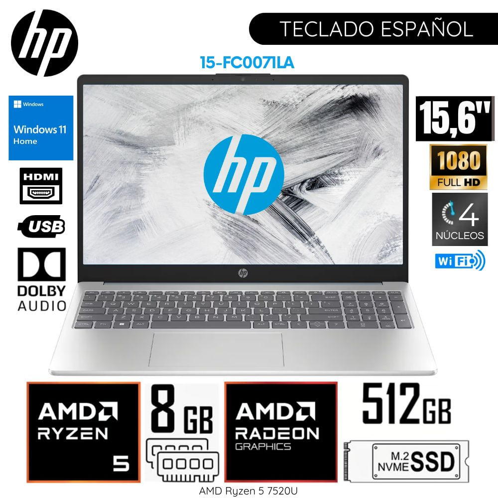 Laptop HP 15-FC0071LA AMD Ryzen 5 7520U 8GB DDR5 RAM 512GB SSD 15.6"" FHD WIND 11