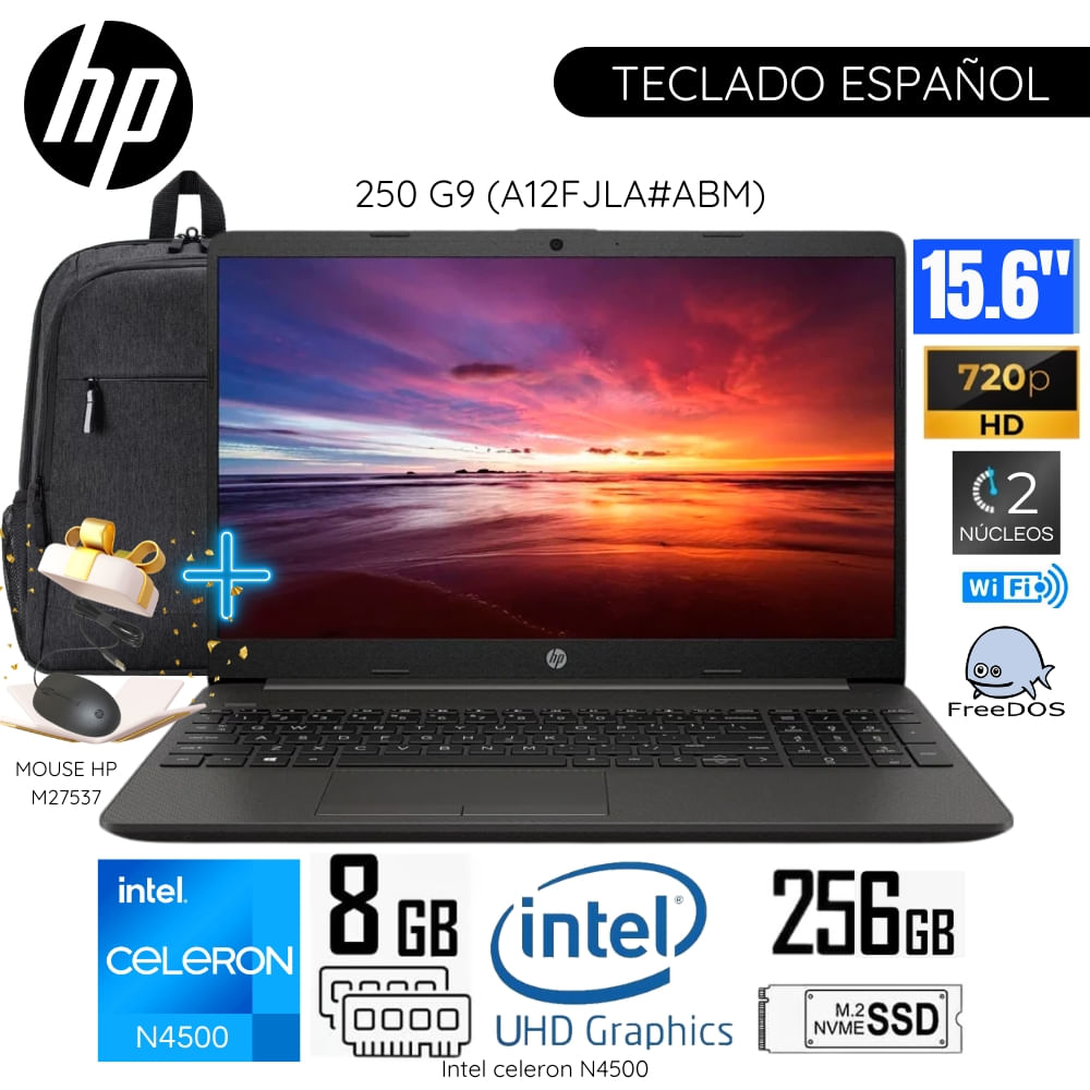 Laptop HP 250 G9 Intel Celeron N4500 8GB RAM 256GB SSD 15.6"" Pulg. HD (A12FJLA#ABM)-Plomo Oscuro