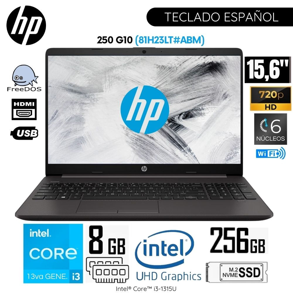 Laptop HP 250 G10 Intel Core i3-1315U 8GB RAM 256GB SSD 15.6 Pulg. HD (81H23LT#ABM)