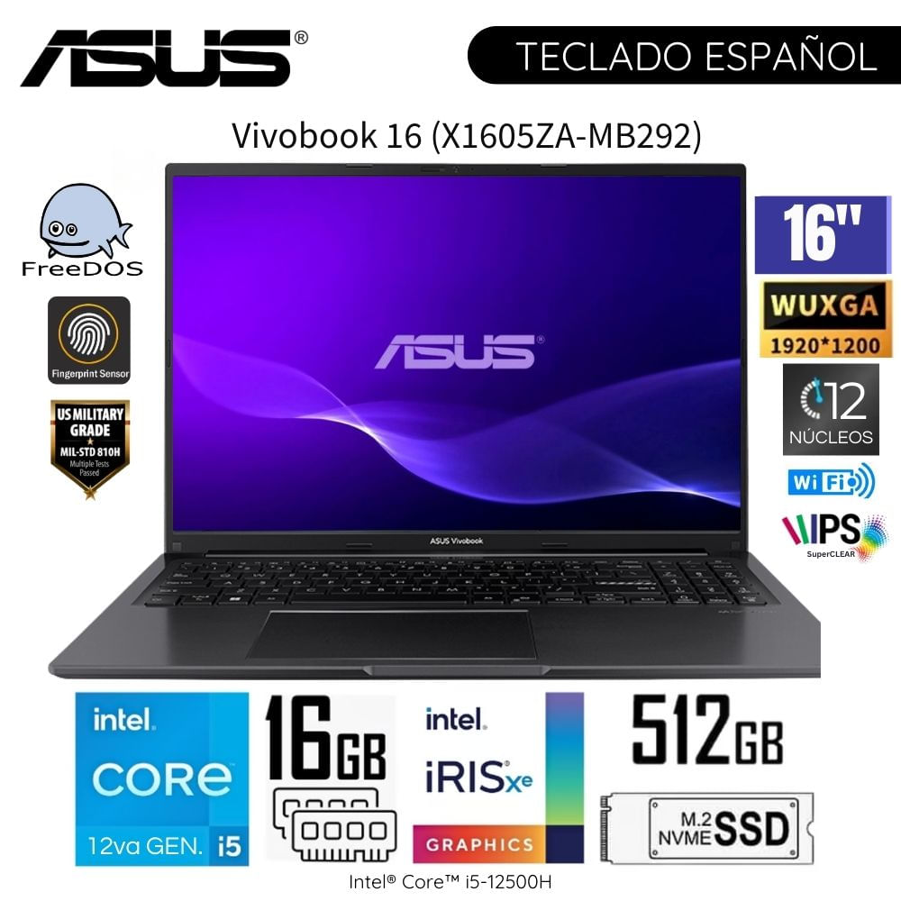 Laptop Asus X1605ZA-MB292 Intel Core i5-12500H RAM 16GB SSD 512GB 16"" WUXGA con Lector de Huella