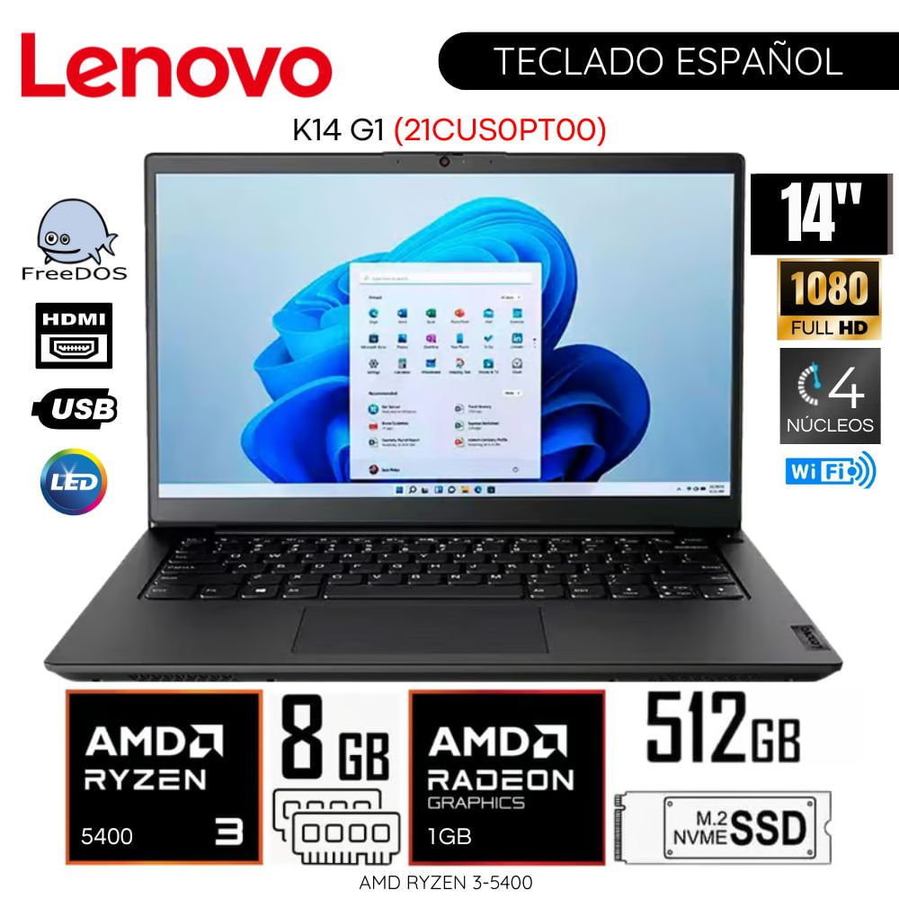 Laptop Lenovo K14 G1 (21CUS0PT00) AMD Ryzen 3-5400 8GB RAM 512GB SSD 14"" FHD FreeDos
