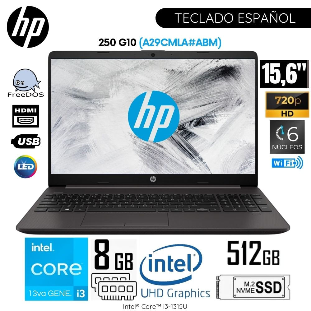 Laptop HP 250 G10 Intel Core i3-1315U 8GB RAM 512GB SSD 15.6 Pulg. HD (A29CMLA#ABM) - Plateado