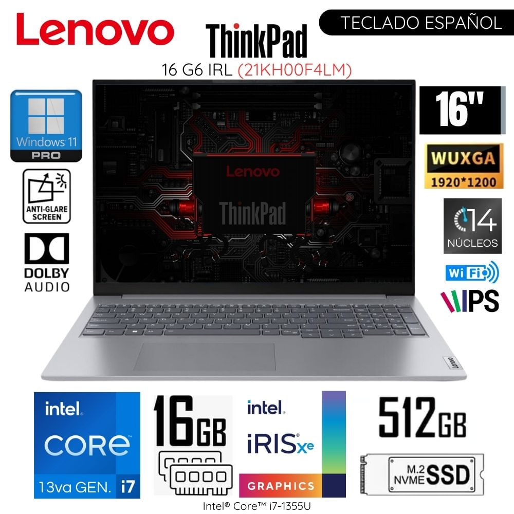 Laptop Lenovo ThinkBook 16 G6 IRL Intel CoreI7-13700H 16GB RAM 512GB SSD 16"" WUXGA 21KH00F4LM