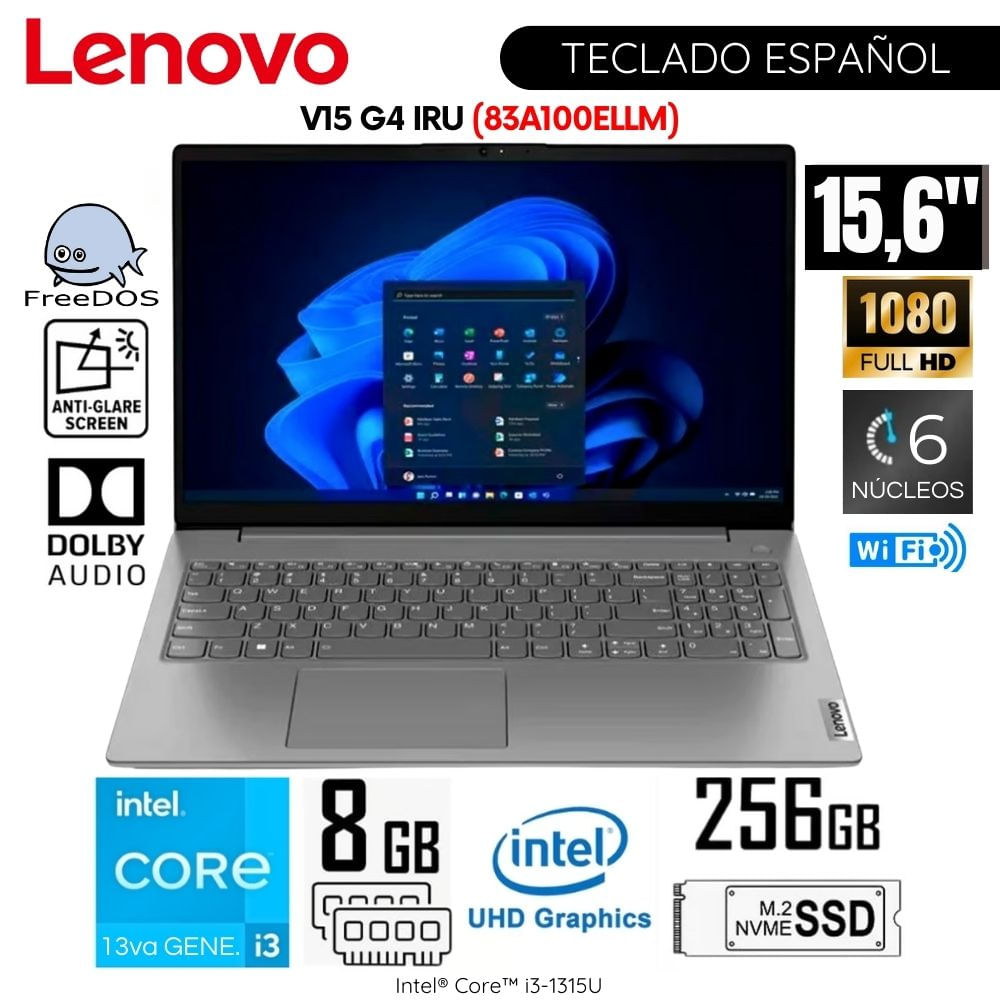 Laptop Lenovo V15 G4 IRU Intel Core i3-1315U 8GB RAM 256GB SSD 15,6 pulg FHD - 83A100ELLM