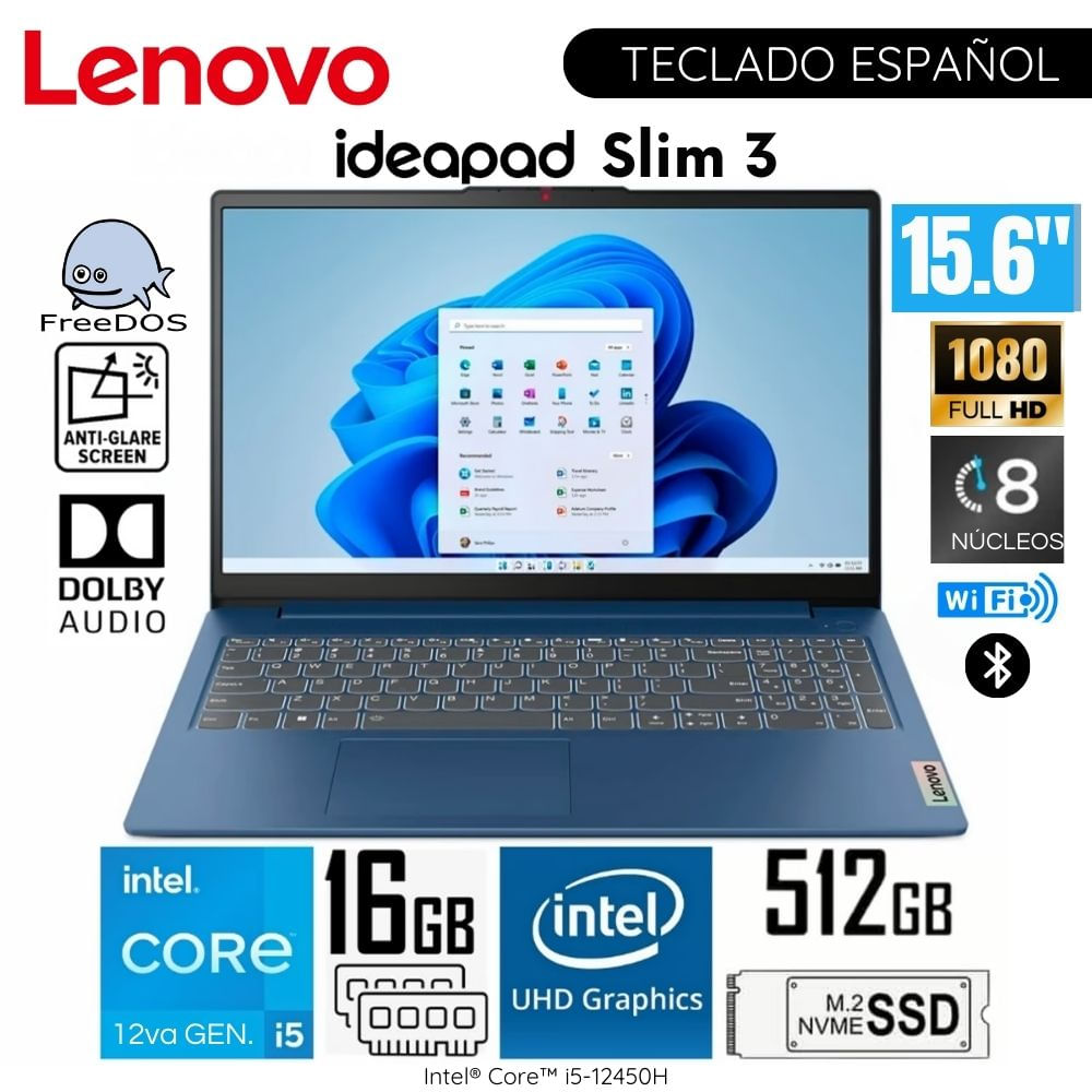 Laptop Lenovo IdeaPad Slim 3 15IAH8 Intel Core i5-12450H 16GB RAM 512GB SSD 15.6” FHD - 83ER001DLM